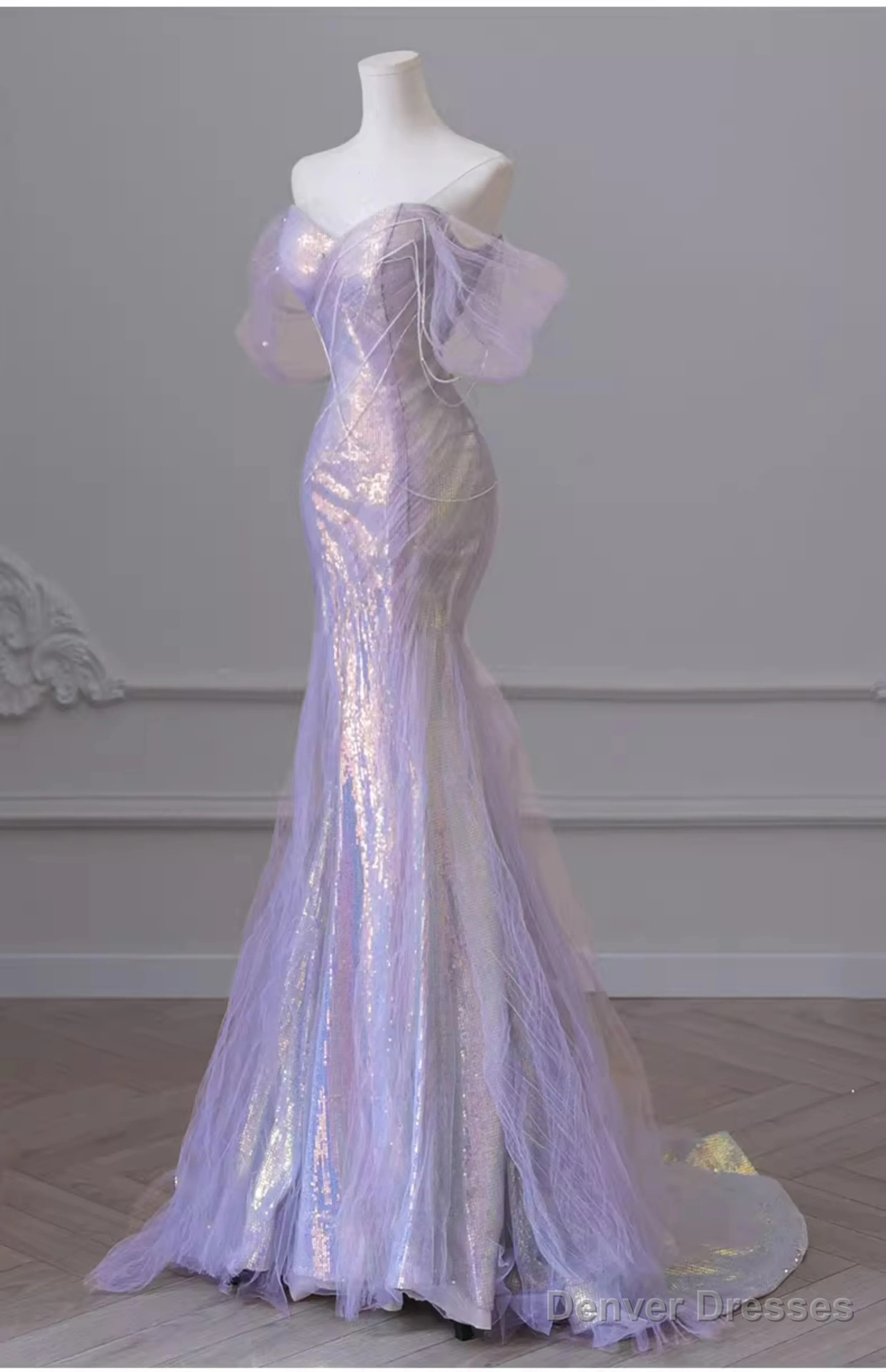 Purple Laser Sequin Beaded Mermaid Women Evening Dress with Puff Sleeves Tassel Pearls Tulle Train Prom Gown Secondary image