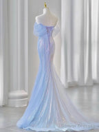 Purple Laser Sequin Beaded Mermaid Women Evening Dress with Puff Sleeves Tassel Pearls Tulle Train Prom Gown