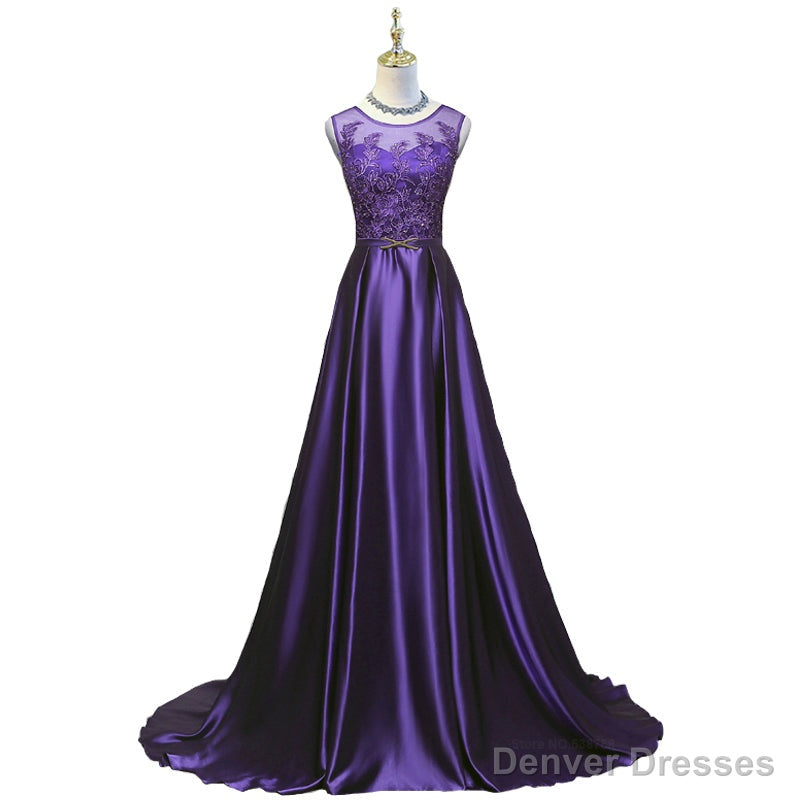 Purple Long Round Neckline Prom Dress, Satin Wedding Party Dress Main image