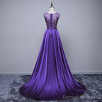 Purple Long Round Neckline Prom Dress, Satin Wedding Party Dress