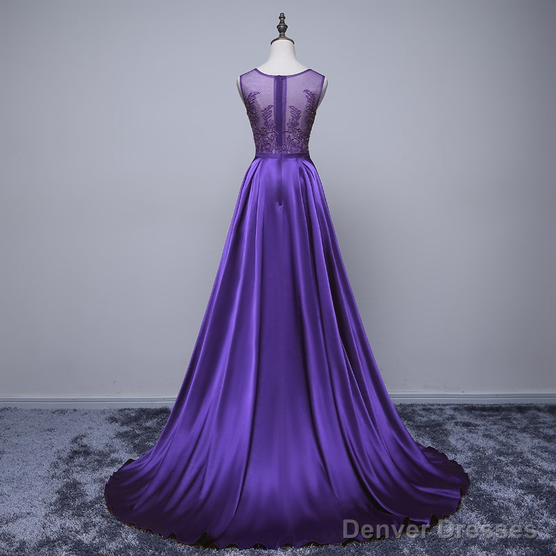 Purple Long Round Neckline Prom Dress, Satin Wedding Party Dress
