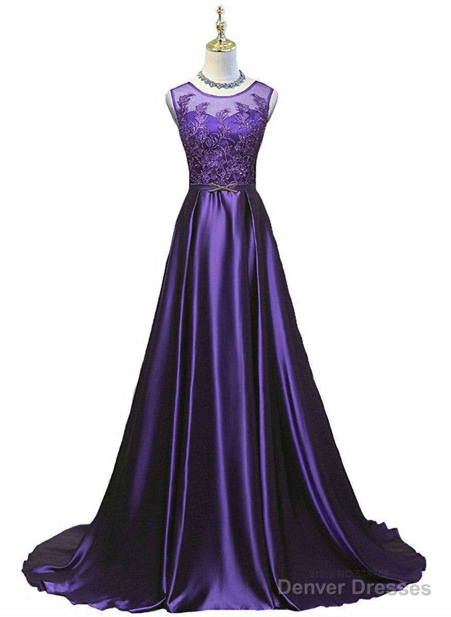 Purple Long Round Neckline Prom Dress, Satin Wedding Party Dress Secondary image