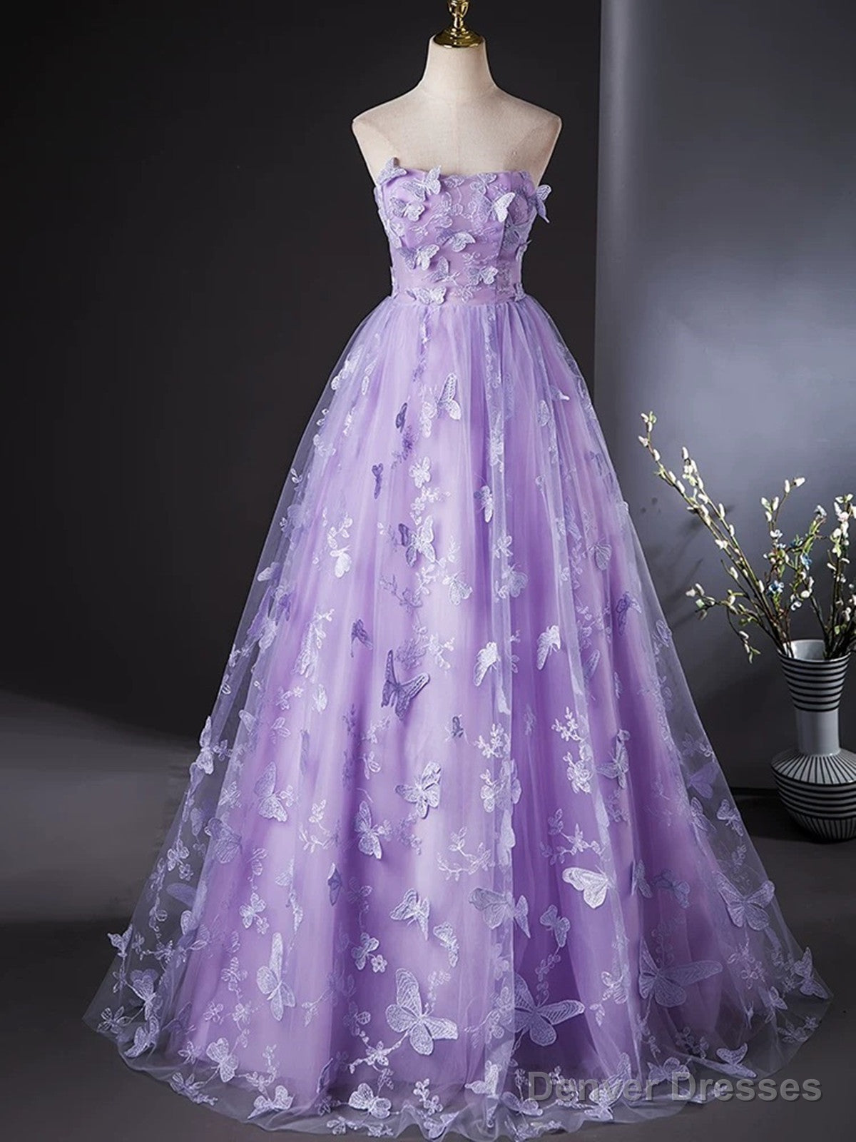 Purple Lovely Long Lace Sweet 16 Dress, Purple Lace Prom Dress Party Dress Main image