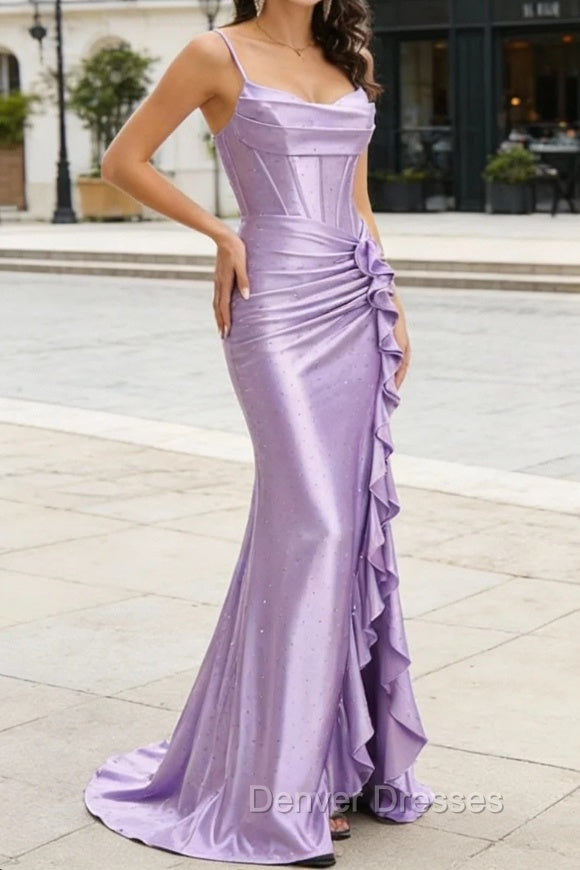Purple Mermaid Corset Ruched Long Prom Dress with Ruffled Slit Main image