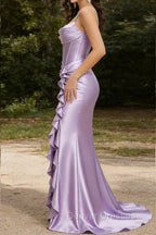 Purple Mermaid Corset Ruched Prom Dress with Ruffled Slit