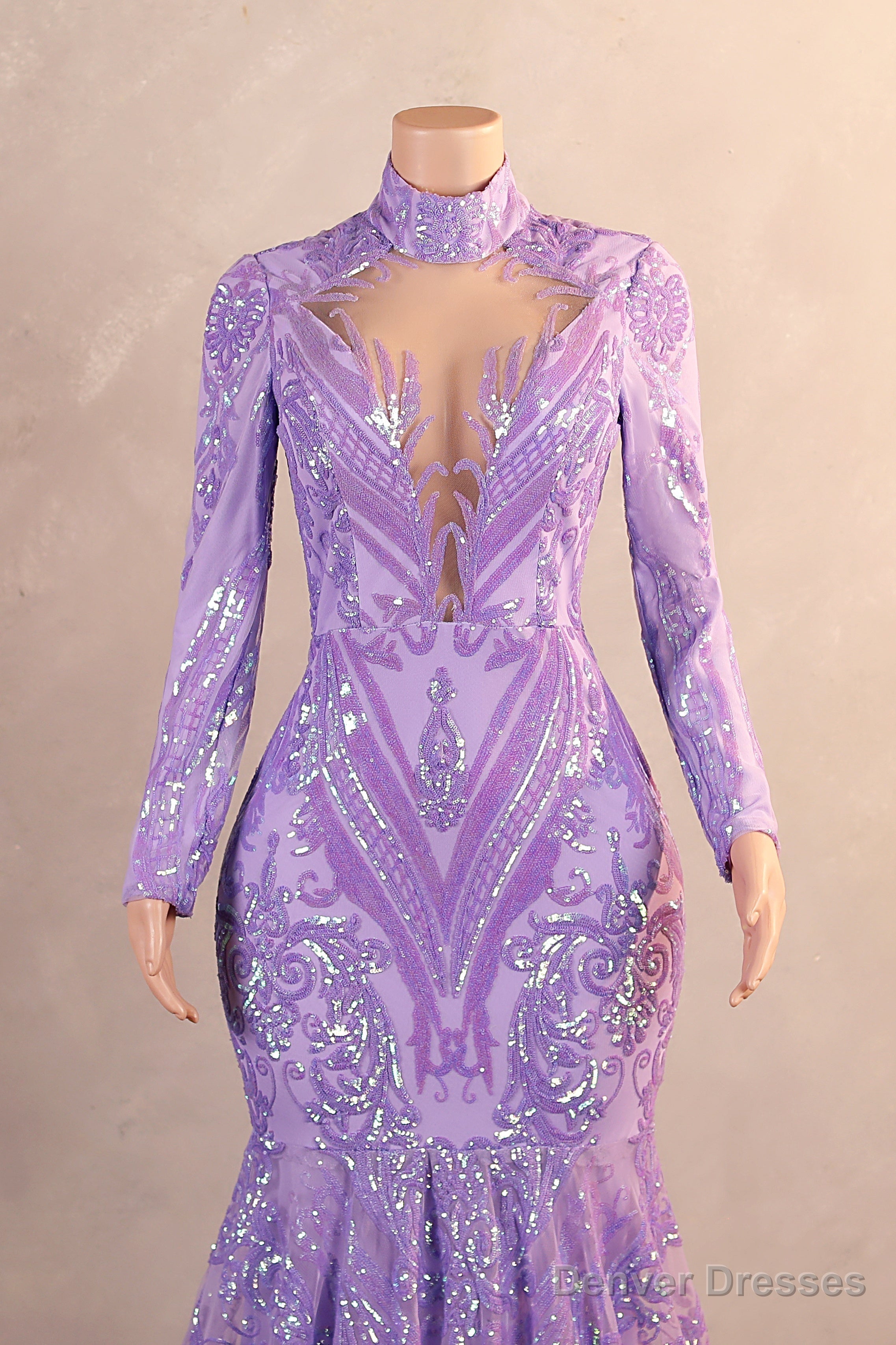 Purple Mermaid Prom Dresses Hight Neck Sequins Long Sleeve Evening Dresses Secondary image