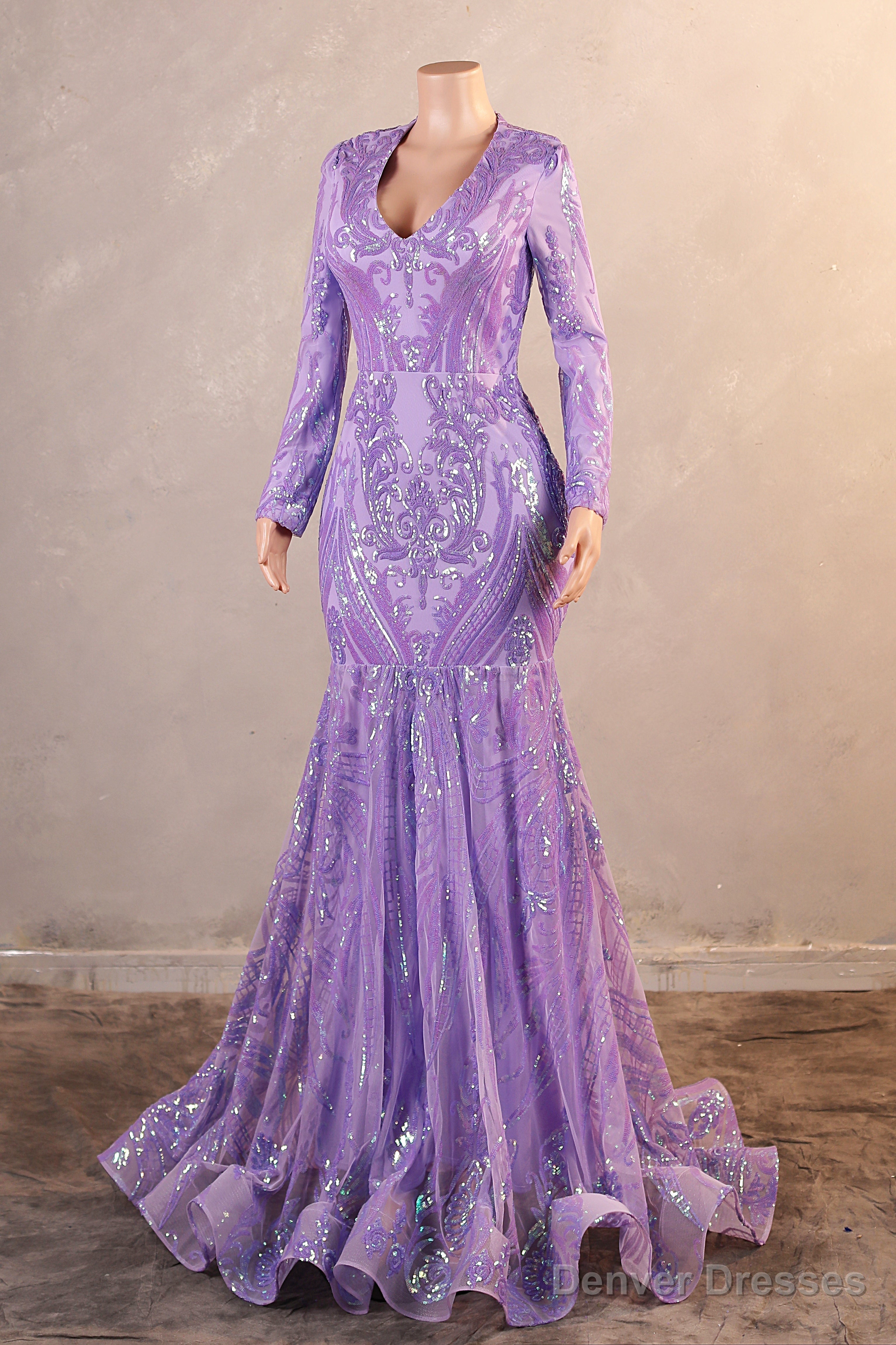 Purple Mermaid Prom Dresses Long Sleeves Sequin Long Evening Dresses