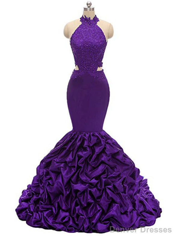 Purple Mermaid Satin Halter Appliques Beading Prom Dress Main image