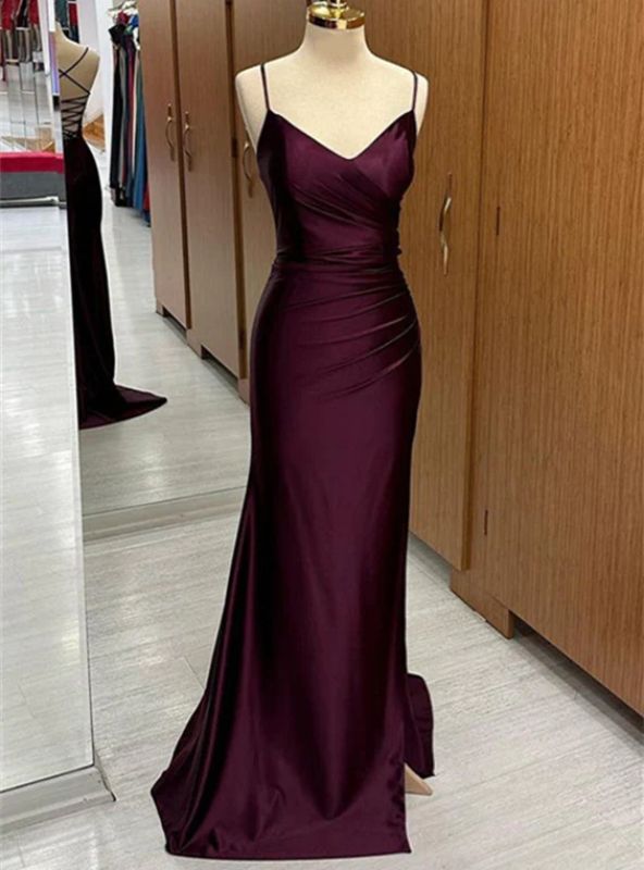 Purple Mermaid Satin Spaghetti Straps Pleats Prom Dress For Women Main image