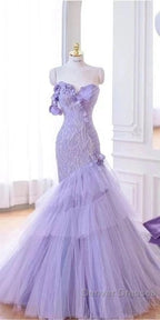 Purple Mermaid Sweetheart Neck Tulle Beaded Long Prom Dress Strapless Sequin Applique Wedding Dress
