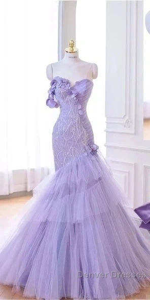 Purple Mermaid Sweetheart Neck Tulle Beaded Long Prom Dress Strapless Sequin Applique Wedding Dress