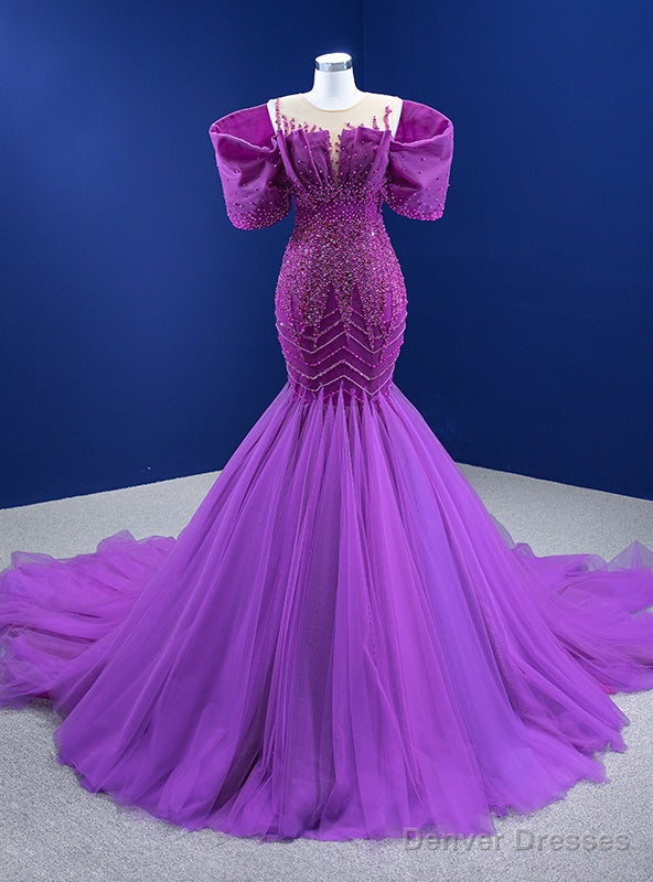Purple Mermaid Tulle Beading Pearls Prom Dress Main image