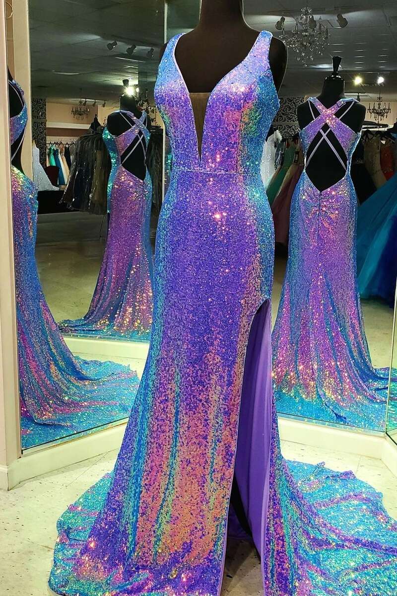 Purple Multi Sequins V-Neck Cross Back Long Formal Dress