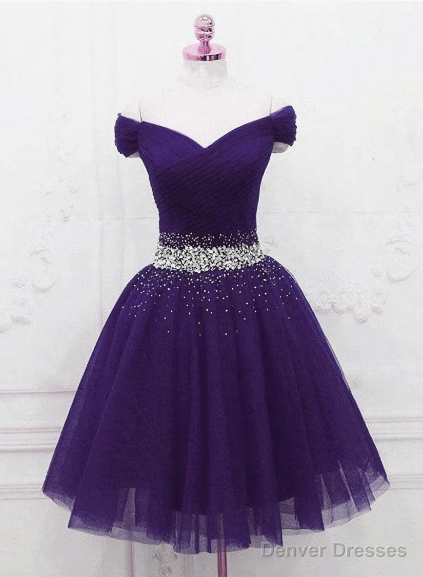 Purple Off Shoulder Knee Length Beaded Tulle Homecoming Dress, Sweetheart Short Prom Dress Main image
