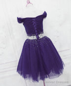 Purple Off Shoulder Knee Length Beaded Tulle Homecoming Dress, Sweetheart Short Prom Dress