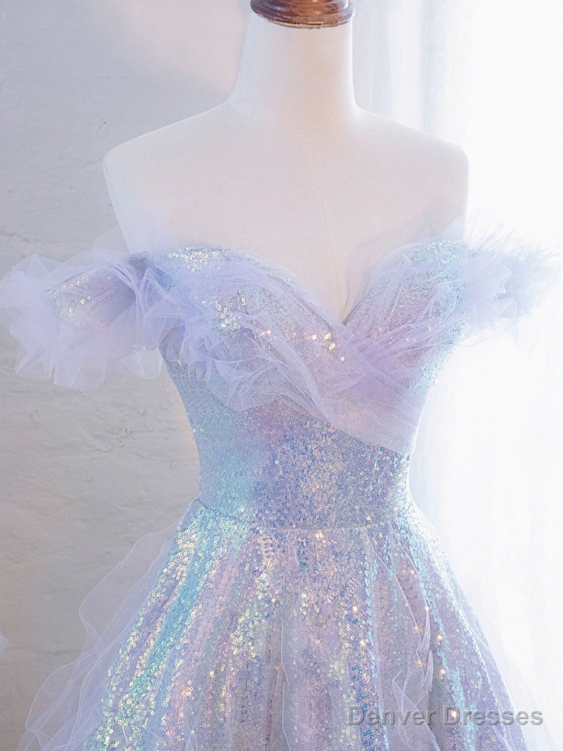 Purple Off Shoulder Tulle Sequin Long Prom Dress, Purple Formal Dress