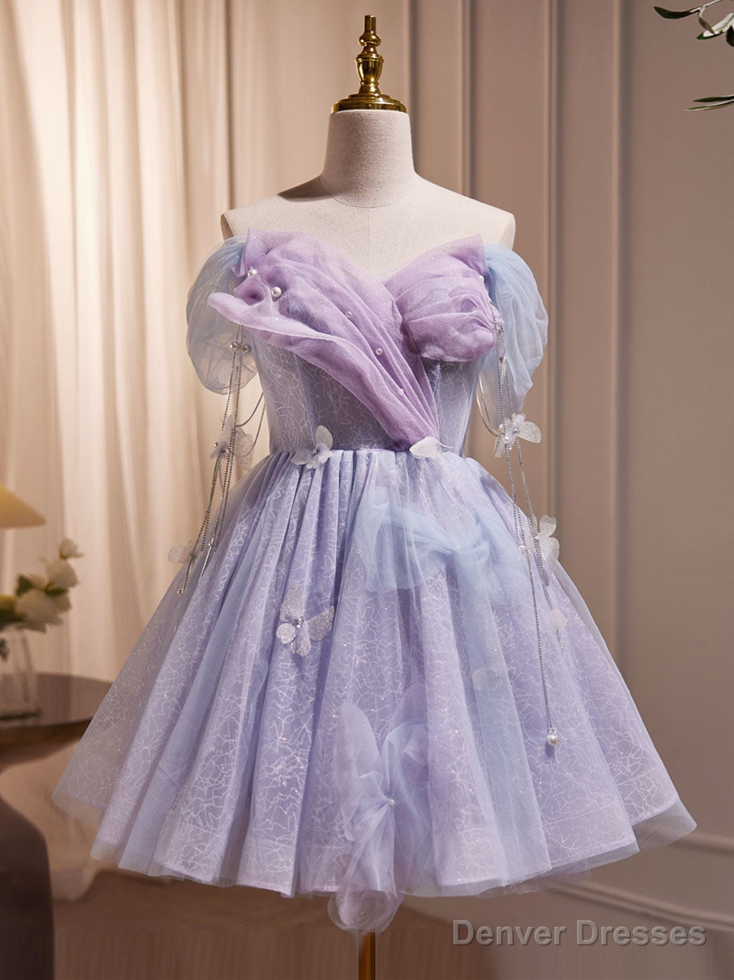 Purple Off Shoulder  Tulle Short Prom Dress, Purple Homecoming Dress Main image