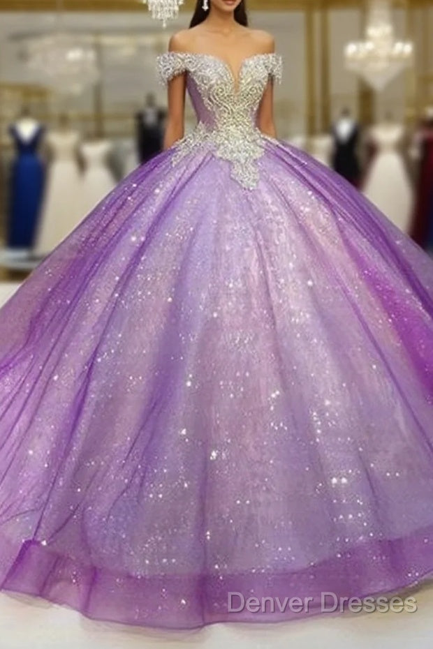 Purple Off The Shoulder Ball Gown , Bling Bling Prom Dress Main image