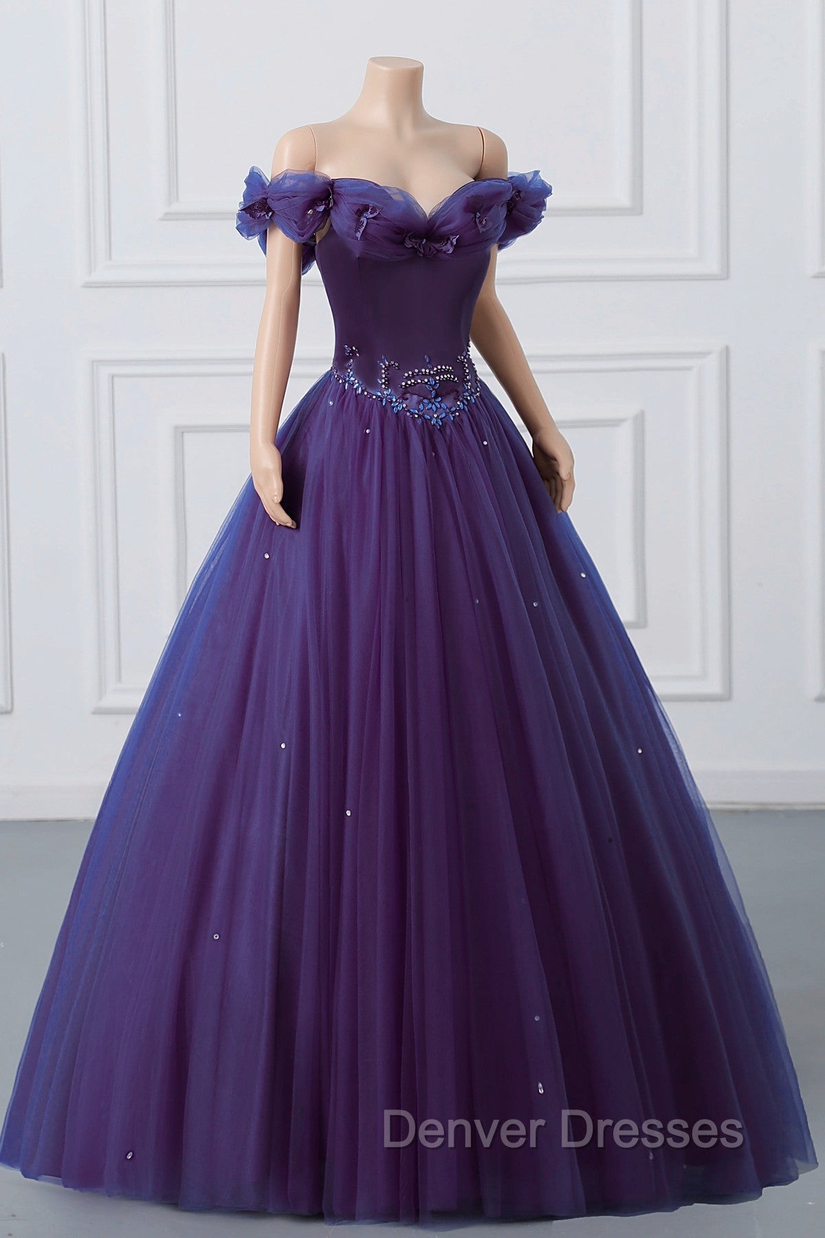 Purple Off-The-Shoulder Sweetheart Party Dress, Beaded Flowers Ball Gown Tulle Prom Dress Secondary image