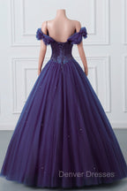 Purple Off-The-Shoulder Sweetheart Party Dress, Beaded Flowers Ball Gown Tulle Prom Dress