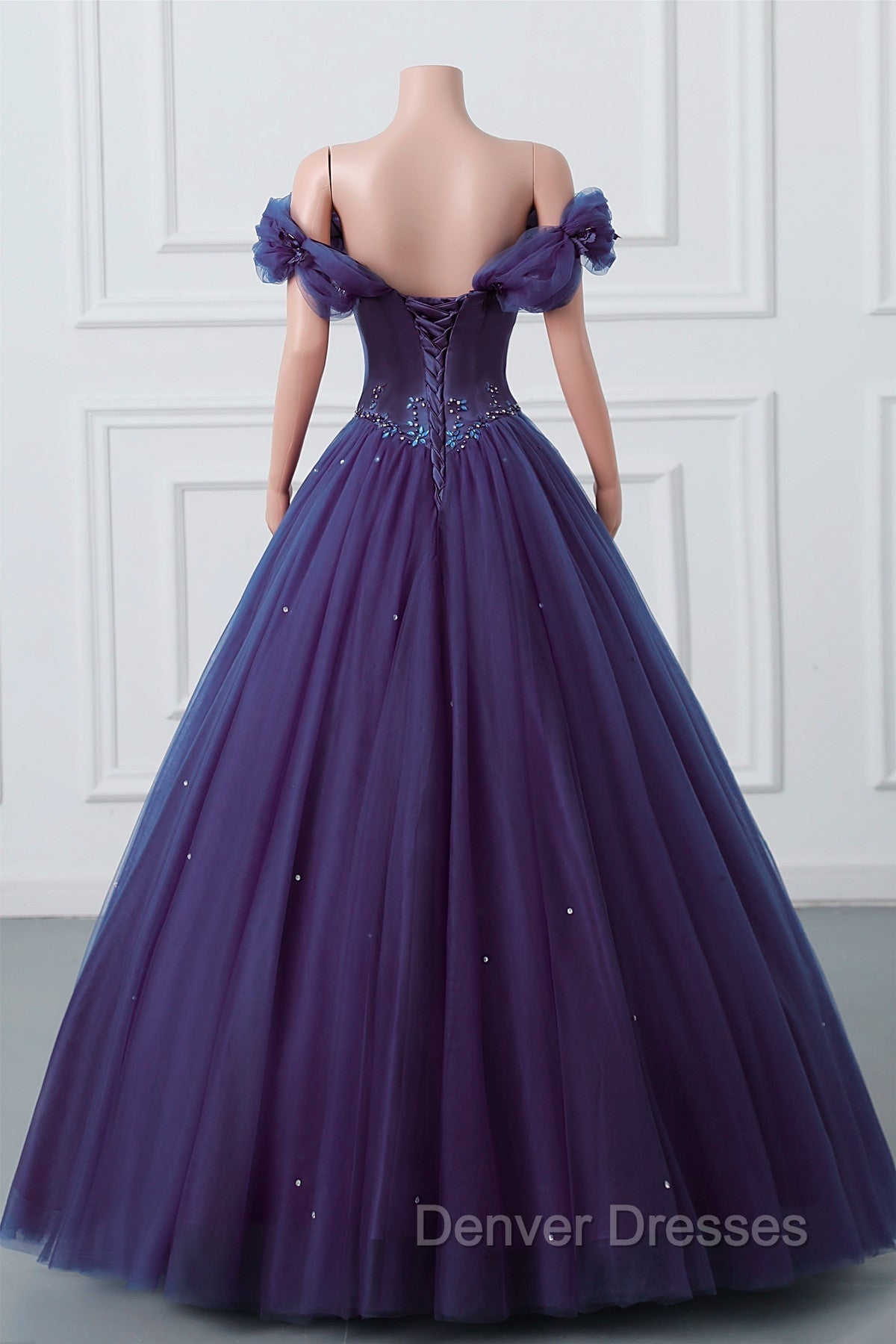 Purple Off-The-Shoulder Sweetheart Party Dress, Beaded Flowers Ball Gown Tulle Prom Dress