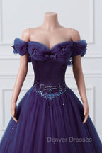 Purple Off-The-Shoulder Sweetheart Party Dress, Beaded Flowers Ball Gown Tulle Prom Dress