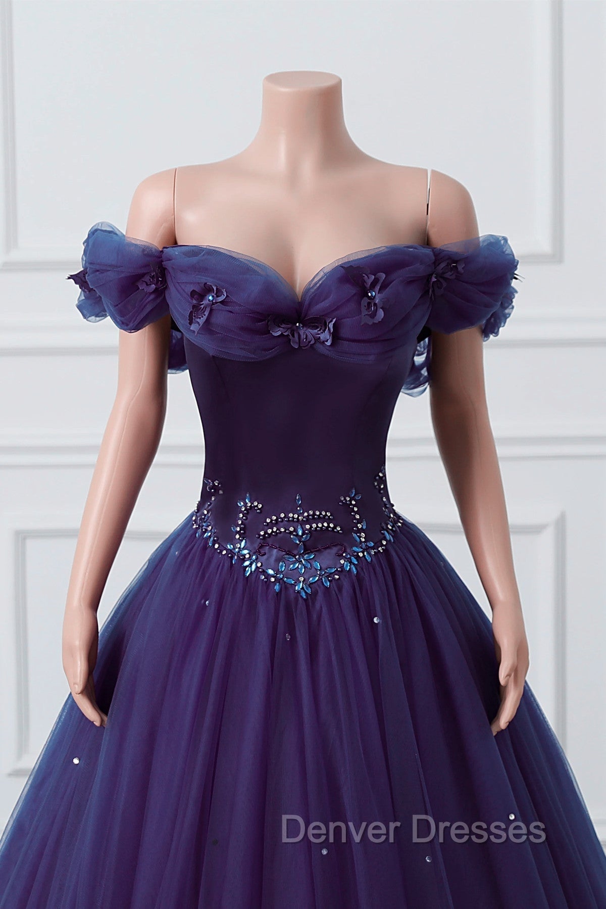 Purple Off-The-Shoulder Sweetheart Party Dress, Beaded Flowers Ball Gown Tulle Prom Dress