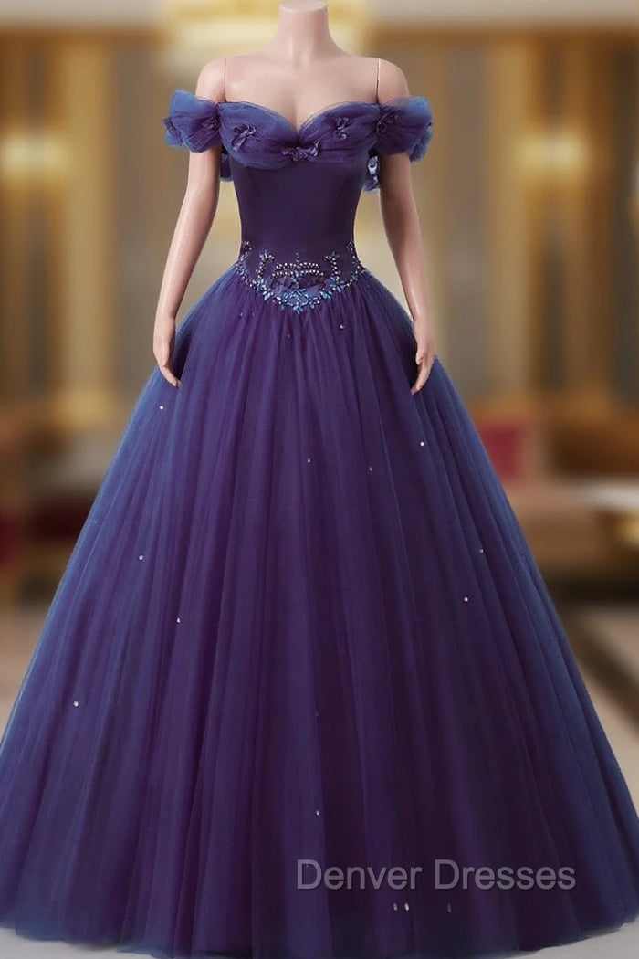 Purple Off-The-Shoulder Sweetheart Party Dress, Beaded Flowers Ball Gown Tulle Prom Dress Main image