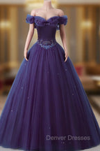 Purple Off-The-Shoulder Sweetheart Party Dress, Beaded Flowers Ball Gown Tulle Prom Dress