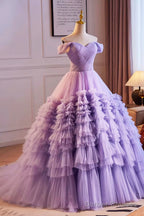 Purple Off The Shoulder Tiered Ruffles Long Ball Grown Prom Formal Party Dresses