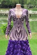 Purple Rose Prom Dresses Sequined V Neck Mermaid Evening Party Dresses Flowers Long Sleeves Pageant Gown