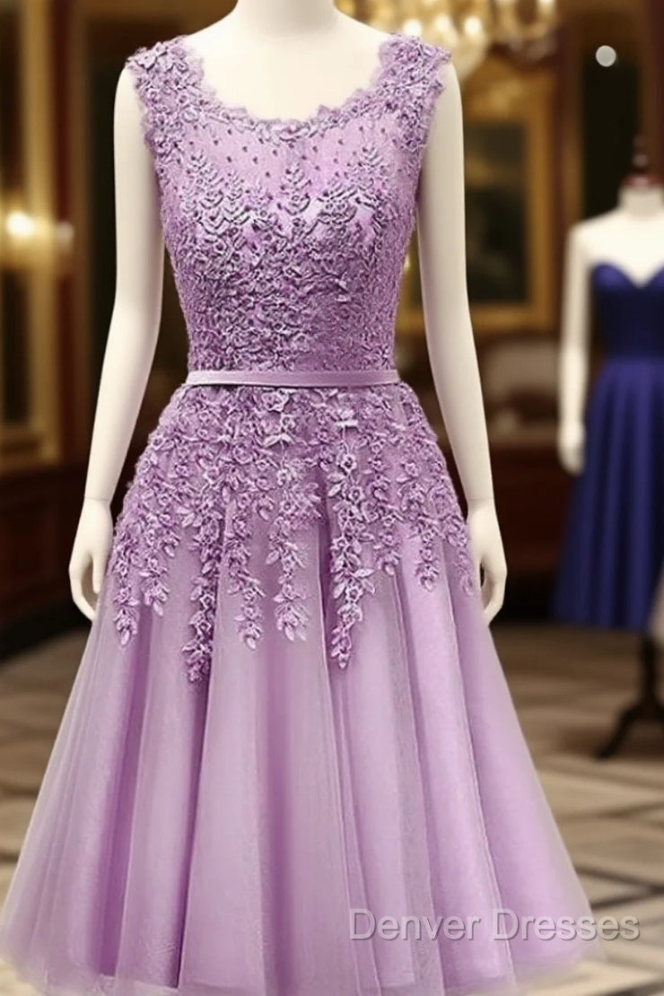 Purple Round Neckline Tulle Short Beaded Lace Knee Length Homecoming Dress Main image