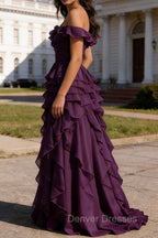 Purple Ruffled A-Line Square Neck Long Prom Dress