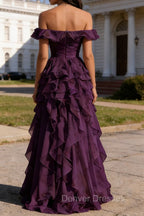 Purple Ruffled A-Line Square Neck Long Prom Dress