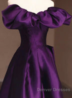 Purple Satin A-Line Off Shoulder Long Evening Dress, Purple Satin Prom Dress
