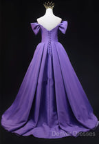 Purple Satin A-Line Off Shoulder Long Party Dress, Purple Evening Dress Prom Dress