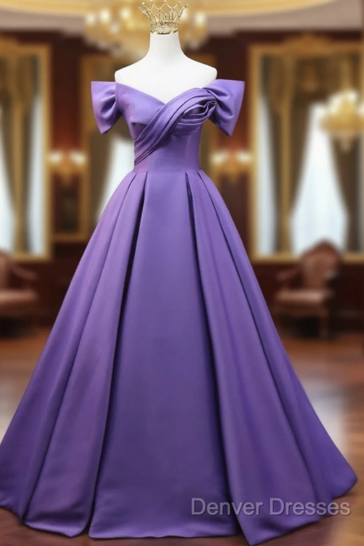 Purple Satin A-Line Off Shoulder Long Party Dress, Purple Evening Dress Prom Dress Main image