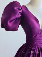 Purple Satin A-Line Short Sleeves Long Formal Dress, Purple Evening Dress Prom Dress