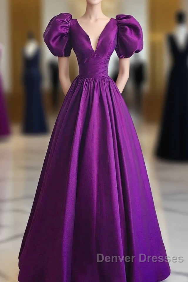 Purple Satin A-Line Short Sleeves Long Formal Dress, Purple Evening Dress Prom Dress
