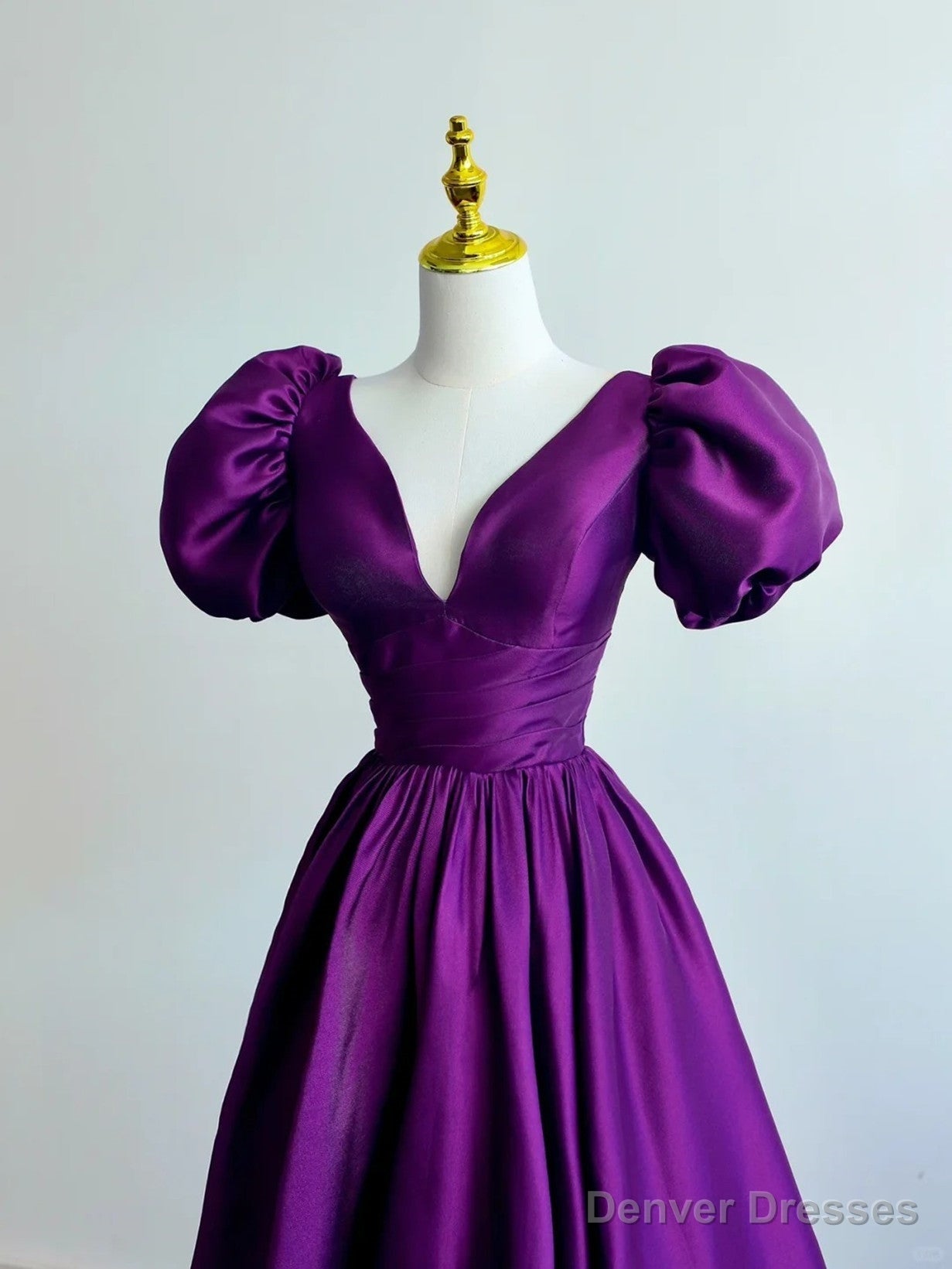 Purple Satin A-line Short Sleeves Long Formal Dress, Purple  Prom Dress Secondary image