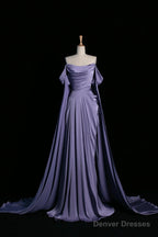 Purple Satin Long Prom Dress, Beautiful Off The Shoulder Evening Party Dress