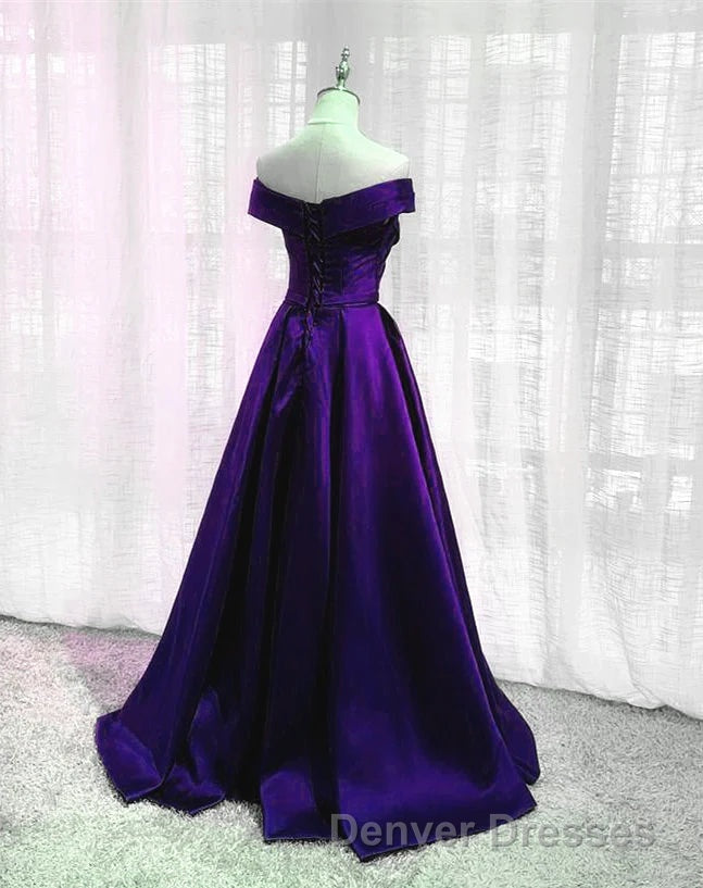 Purple Satin Off Shoulder Long Prom Dress,A-line Simple Women Formal Dress