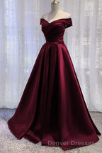 Purple Satin Off Shoulder Long Prom Dress,A-line Simple Women Formal Dress