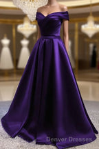 Purple Satin Off Shoulder Long Prom Dress,A-line Simple Women Formal Dress
