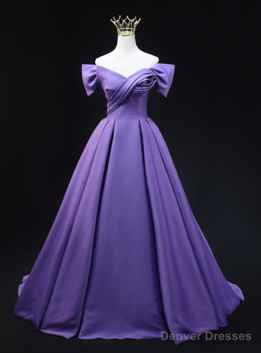 Purple Satin Off the Shoulder Pleats Prom Dress Main image