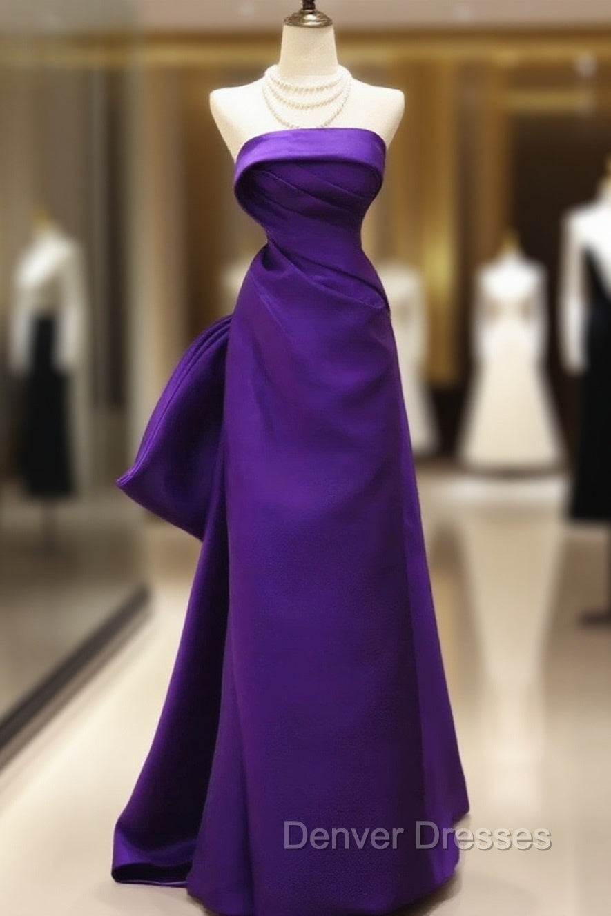 Purple Satin Scoop A-Line Floor Length Party Dress, Purple Satin Long Prom Dress With Bow Main image