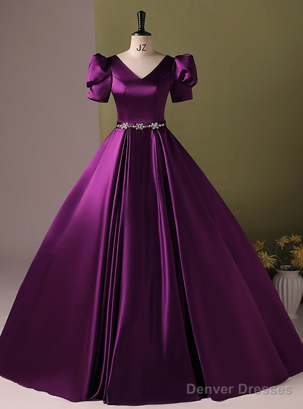Purple Satin Short Sleeve V-neck Quinceanera Dress Main image