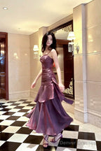 Purple Satin Straps Mermaid Long Formal Dress, Purple Prom Dress Evening Dress