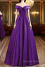 Purple Satin Sweetheart Long Party Dress, A-Line Purple Prom Dress