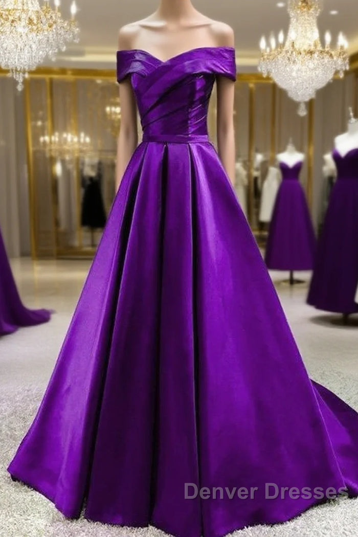Purple Satin Sweetheart Long Party Dress Prom Dress, Off Shoulder Purple Evening Dress Main image